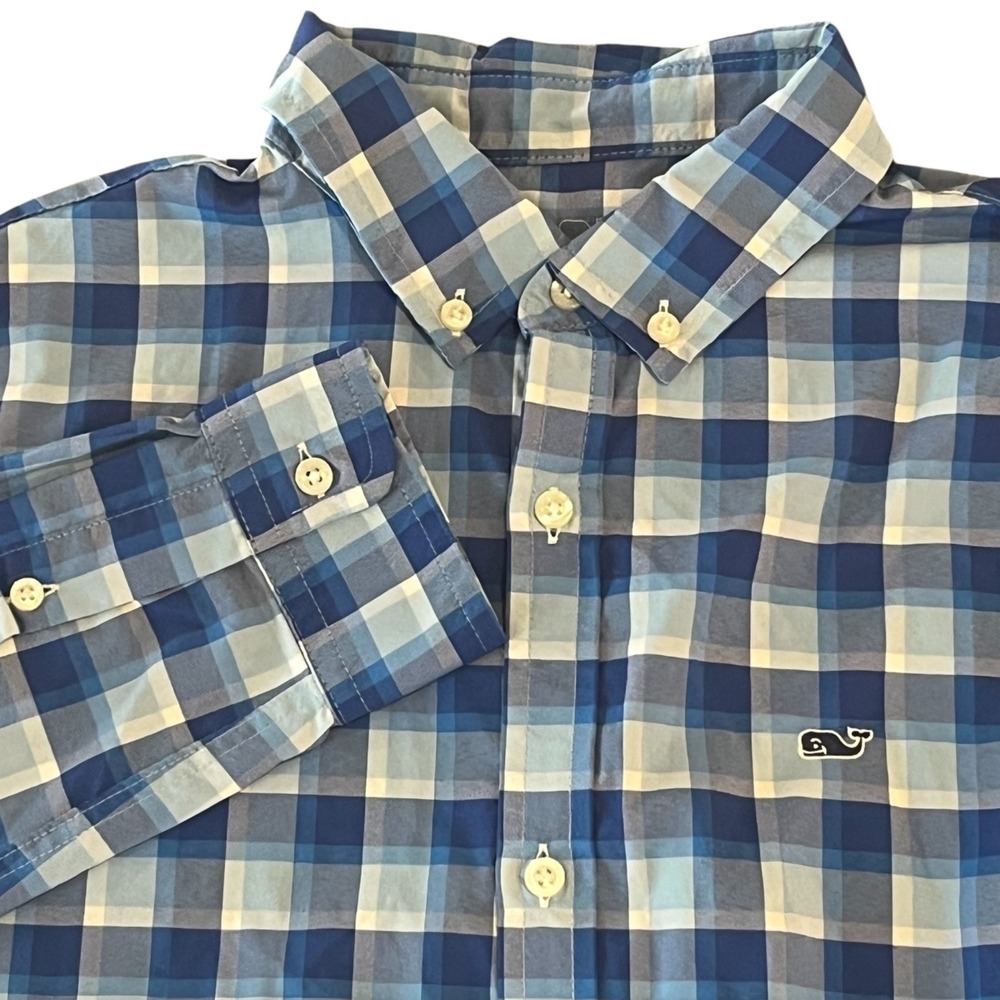 Vineyard Vines Performance Long Sleeve‎ Shirt Youth Boys Size XL 18 Blue Plaid